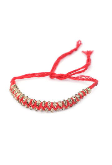 Set Of 2: Diti Red Thread & Antique Plated Brass Beaded Anklets